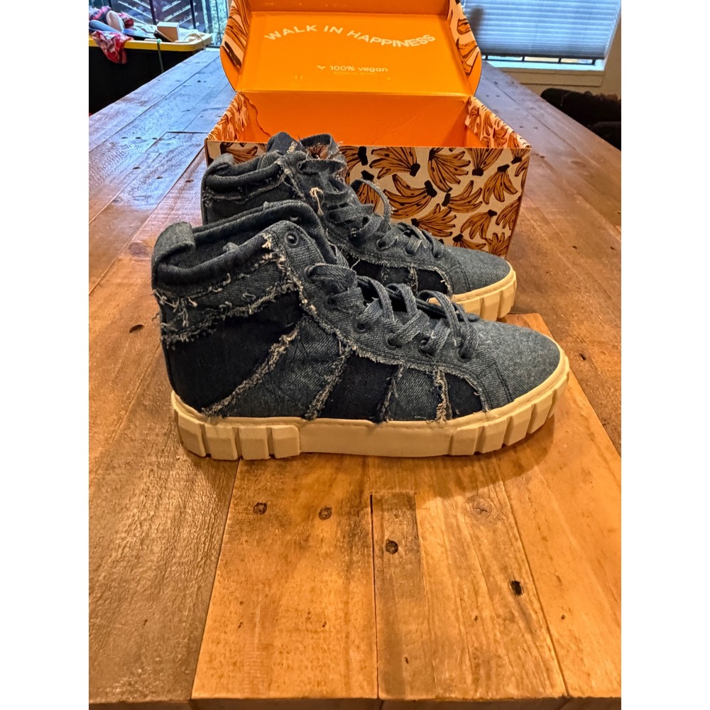 Farm Rio Patchwork Denim High Top Sneakers Blue Distressed Platform Vegan Shoes - Picture 3 of 11